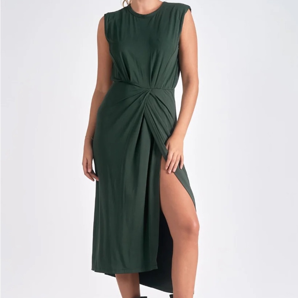 Elan Dark Green Side Slit Wrap Midi Dress